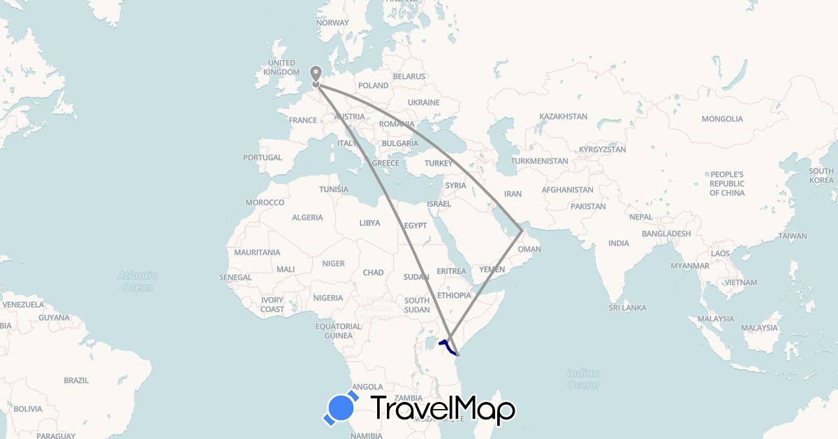 TravelMap itinerary: driving, plane in United Arab Emirates, Kenya, Netherlands (Africa, Asia, Europe)